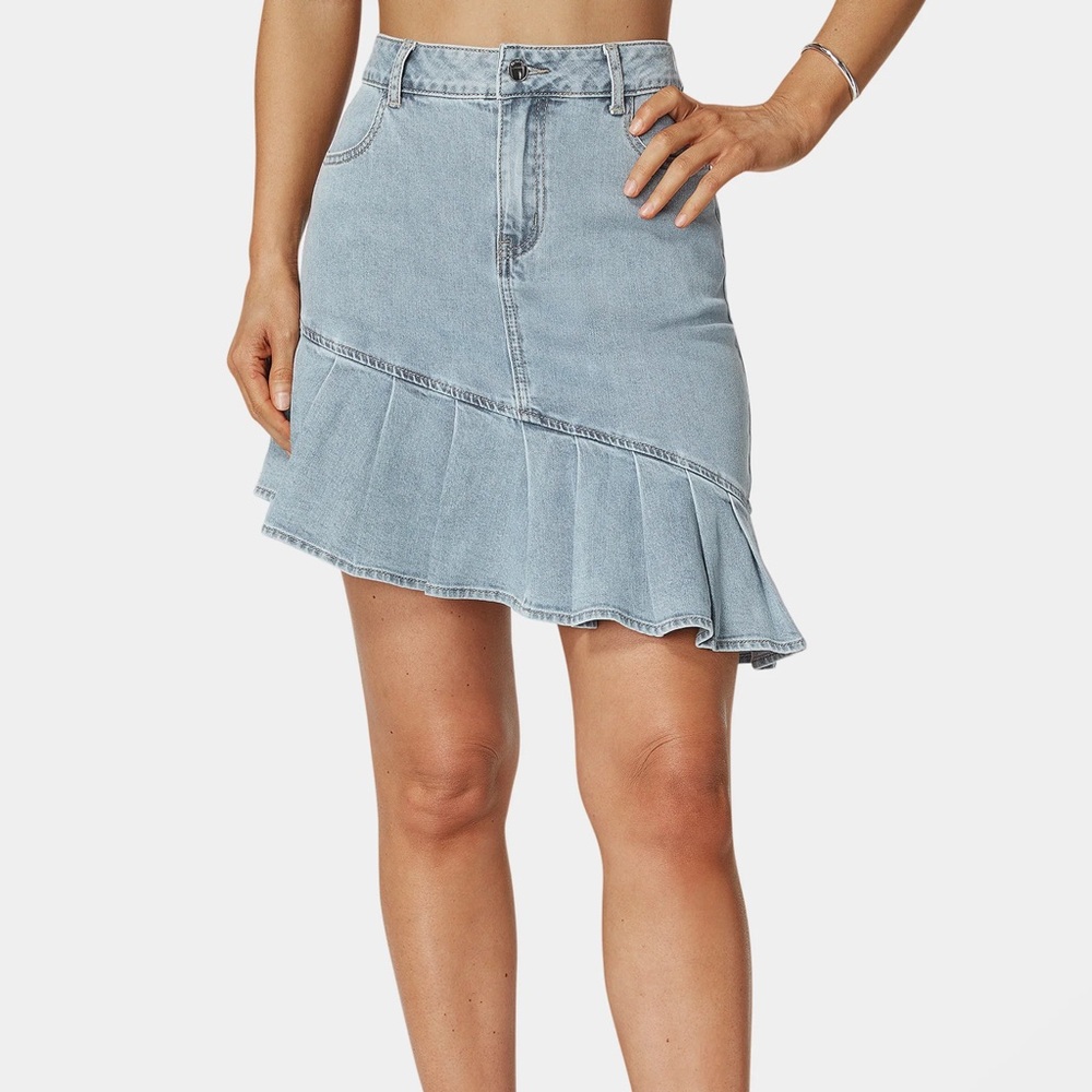 Bebe Denim Asymmetrical Ruffle Mini Skirt